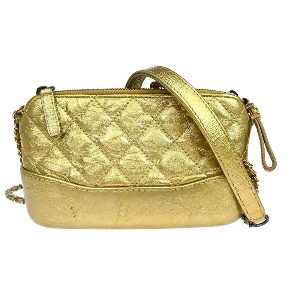 Chanel Gabrielle Double Zip Clutch With Chain Quilted Aged Calfskin Gold Leather